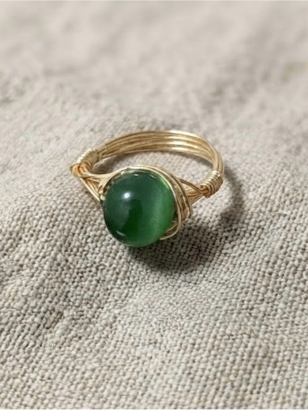 Gold Wire Wrapped Green cat eye size 8 Ring